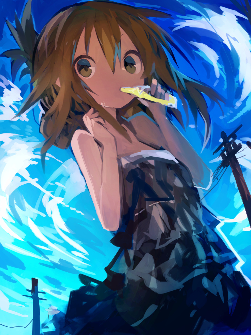1girl absurdres alternate_costume bangs black_dress brown_hair clouds day dress folded_ponytail hair_between_eyes highres holding inazuma_(kantai_collection) kaamin_(mariarose753) kantai_collection mouth_hold outdoors ponytail power_lines sky sleeveless sleeveless_dress solo sweat