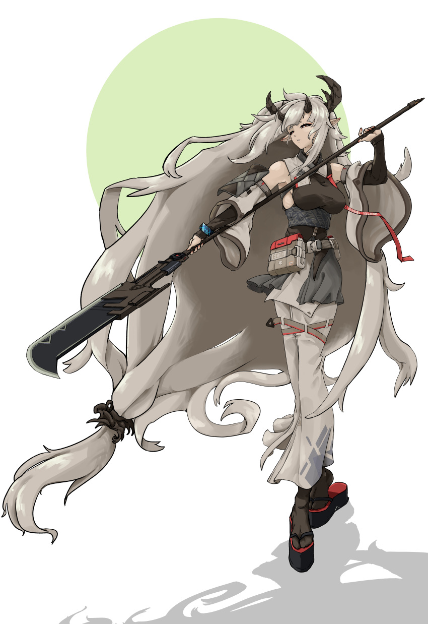 1girl absurdres arknights bare_shoulders belt detached_sleeves earrings fingernails glaive gonsleep grace16 grey_hair half-closed_eyes highres holding holding_weapon horns jewelry long_hair matoimaru_(arknights) parted_lips pointy_ears polearm pouch red_eyes single_earring solo standing very_long_hair weapon wide_sleeves