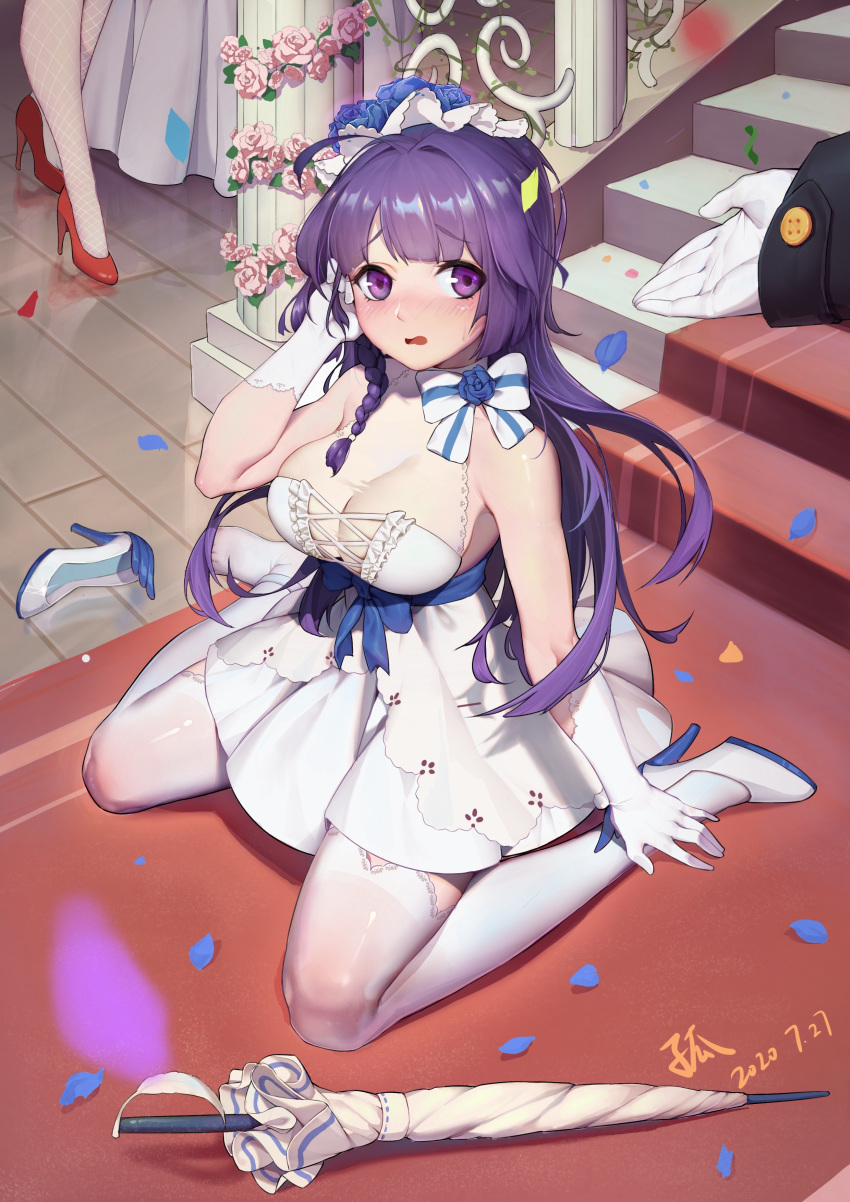 absurdres arm_support bare_shoulders blue_bow blue_flower blue_ribbon blue_rose blush bow braid breasts commentary dated dress dress_bow eyebrows_visible_through_hair fallen_down flower gloves hair_flower hair_ornament high_heels highres honkai_(series) honkai_impact_3rd large_breasts long_hair long_sleeves meng_zhongfeng_ji_li_mm on_floor out_of_frame pillar purple_hair raiden_mei raiden_mei_(aeterba_purum) red_footwear reflection ribbon rose shoe_removed side_braid signature sitting solo_focus thigh-highs umbrella very_long_hair violet_eyes wariza white_dress white_footwear white_gloves white_legwear white_umbrella wince