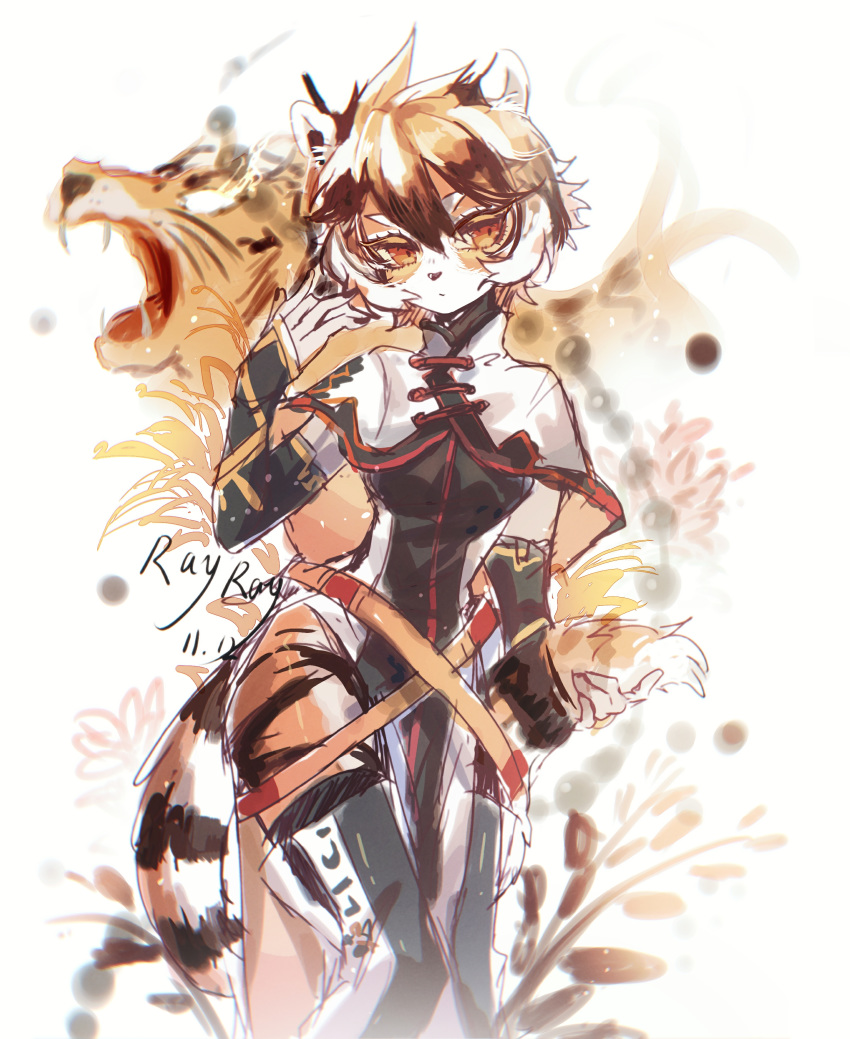 1girl absurdres animal_ears arknights artist_name boots dated dress elbow_gloves feet_out_of_frame furry gloves hand_up highres long_dress nga_(artist) orange_eyes short_hair solo standing tail thigh-highs thigh_boots tiger_ears tiger_girl tiger_tail waai_fu_(arknights) white_background