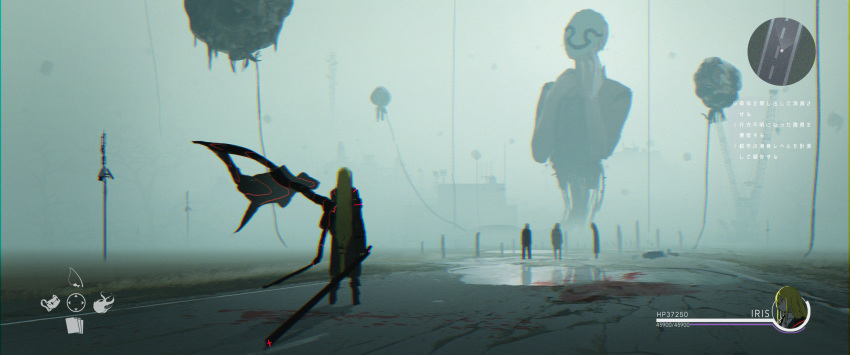 1girl 3others absurdres asteroid_ill blonde_hair clouds cloudy_sky fake_screenshot fog from_behind heads-up_display health_bar highres iris_(asteroid_ill) long_hair minimap multiple_others neon_trim original outdoors ruins scenery sky solo standing translation_request user_interface very_long_hair