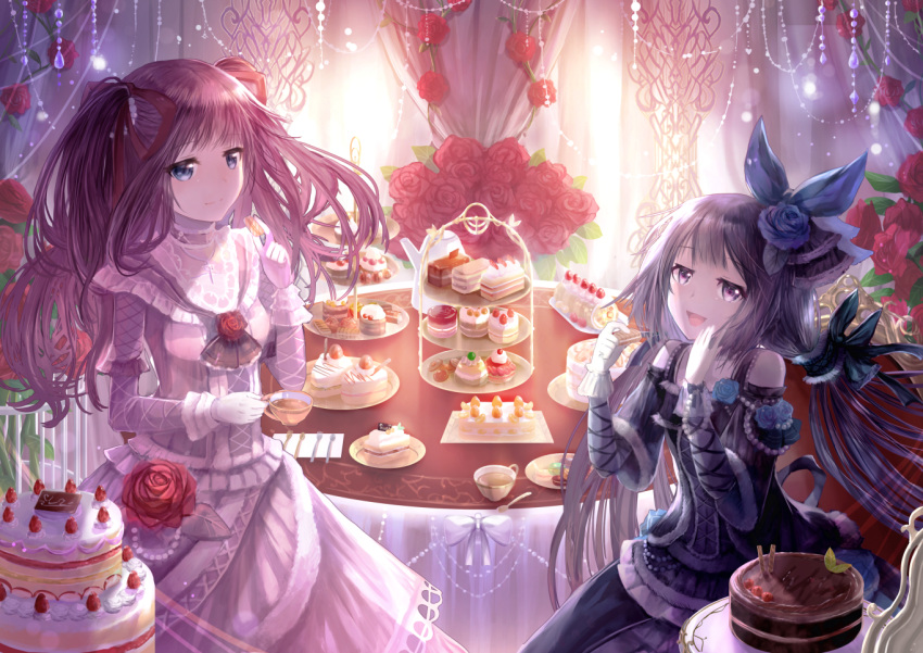 2girls :d barefoot black_hair blue_eyes blue_oath bow brown_hair cake cup dress eyebrows_visible_through_hair food hair_bow hair_ribbon holding_up long_sleeves looking_at_viewer multiple_girls naru_(kts5584) open_mouth ribbon samuel_b._roberts_(blue_oath) saumarez_(blue_oath) smile teacup violet_eyes