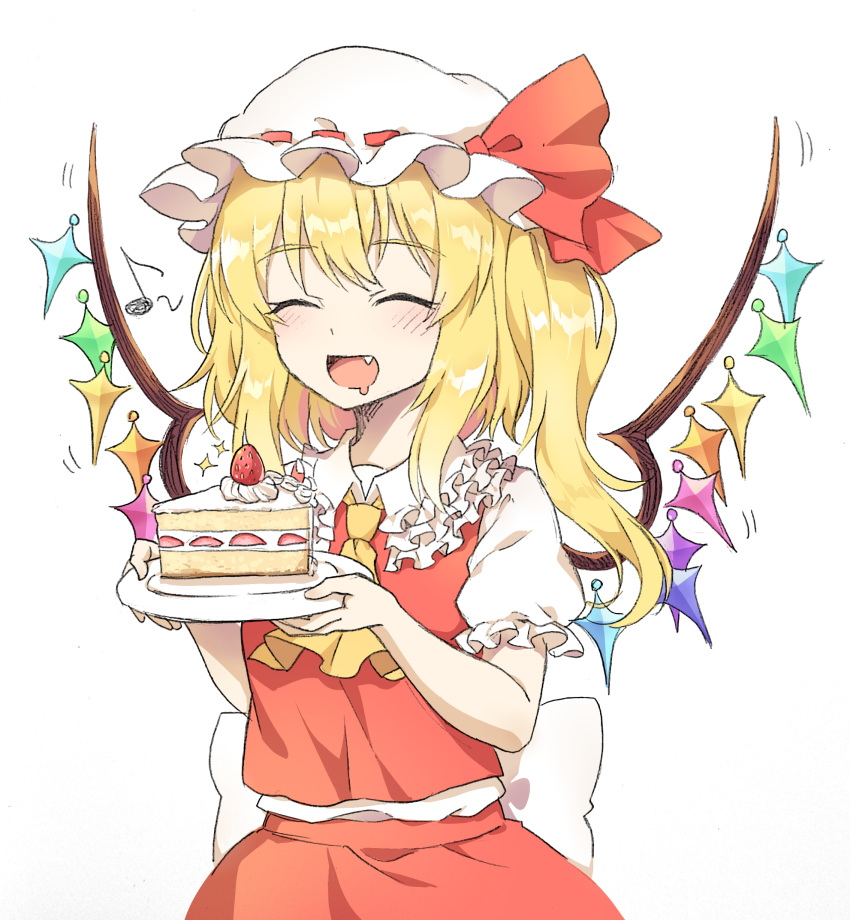 1girl :d ^_^ absurdres ascot bangs blonde_hair blush bow cake cake_slice caramell0501 closed_eyes collared_shirt crystal drooling eyebrows_visible_through_hair fang flandre_scarlet food frilled_shirt_collar frills fruit hat hat_bow highres holding holding_plate long_hair mob_cap mouth_drool one_side_up open_mouth plate puffy_short_sleeves puffy_sleeves red_bow red_skirt red_vest shirt short_sleeves simple_background skirt smile solo strawberry touhou vest white_background white_headwear white_shirt wings yellow_neckwear