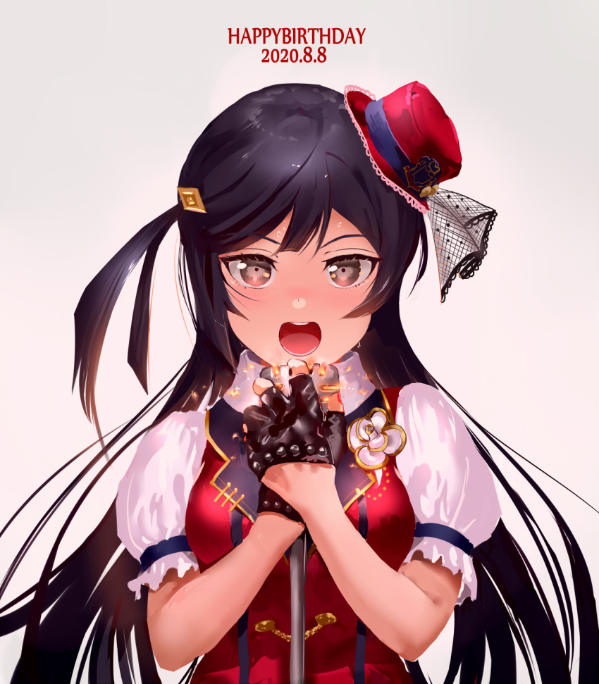 1girl black_gloves black_hair fingerless_gloves gloves grey_eyes hat highres idol jyon long_hair love_live! love_live!_school_idol_festival_all_stars microphone_stand mini_hat music open_mouth puffy_sleeves red_headwear simple_background singing solo white_background yuuki_setsuna_(love_live!)