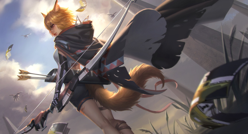 1girl absurdres animal_ears arknights arrow_(projectile) blonde_hair bow_(weapon) breasts chinese_commentary clouds commentary_request drone fox_ears fox_girl fox_tail from_below hair_between_eyes highres holding holding_bow_(weapon) holding_weapon hood hood_down looking_at_viewer looking_back looking_down medium_breasts medium_hair older orange_eyes outdoors prosthesis prosthetic_arm quiver shorts sky solo tail vermeil_(arknights) weapon weian_(van)