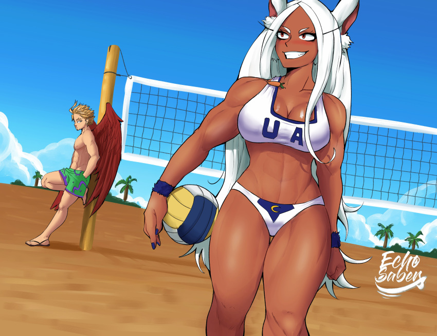 1boy 1girl absurdres ahoge animal_ear_fluff animal_ears beach blonde_hair blue_nails boku_no_hero_academia breasts carrot earrings echo_saber feathered_wings flip-flops hawks_(boku_no_hero_academia) highres jewelry large_breasts long_hair male_swimwear mirko ornament palm_tree rabbit_ears red_wings sandals short_hair summer swim_trunks swimwear thighs toned tree volleyball volleyball_net white_hair wings