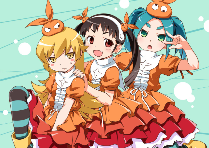 3girls akou_roushi aqua_background aqua_eyes aqua_hair black_hair blonde_hair blush_stickers boots dress fang googly_eyes hachikuji_mayoi hairband hand_on_another's_shoulder hat long_hair looking_at_viewer matching_outfit monogatari_(series) multiple_girls ononoki_yotsugi open_mouth orange_dress oshino_shinobu red_eyes rubber_boots short_sleeves skin_fang smile striped striped_legwear thick_eyebrows twintails v v_over_eye yellow_eyes