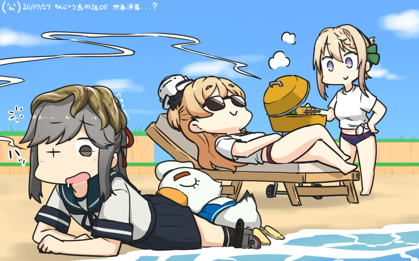 3girls beach bikini bikini_bottom bikini_under_clothes bird black_skirt blonde_hair blue_sailor_collar blue_sky braid braided_bun chair character_name clouds commentary_request dated day doubutsu_no_mori food french_braid grill hamu_koutarou highres johnny_(doubutsu_no_mori) kantai_collection kebab long_hair lounge_chair lying multiple_girls on_stomach outdoors perth_(kantai_collection) pleated_skirt sailor_collar school_uniform seagull seaweed serafuku shirt short_hair skirt sky sunglasses swimsuit swimsuit_under_clothes tied_shirt usugumo_(kantai_collection) violet_eyes wavy_hair white_shirt zara_(kantai_collection)