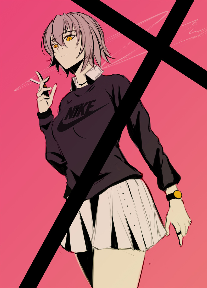 1girl absurdres between_fingers biriyb breasts cigarette cross english_text expressionless fate/grand_order fate_(series) grey_shirt highres jeanne_d'arc_(alter)_(fate) jeanne_d'arc_(fate)_(all) jewelry medium_breasts nike pink_background product_placement ring scribble shirt skirt smoke smoking watch watch white_skirt yellow_eyes
