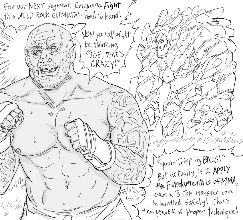 1boy arm_tattoo bb_(baalbuddy) clenched_hands commentary elemental_(creature) english_commentary english_text greyscale highres joe_rogan male_focus martial_arts mma_gloves monochrome monster muscle navel orc original parody real_life sweat tattoo tusks wide-eyed