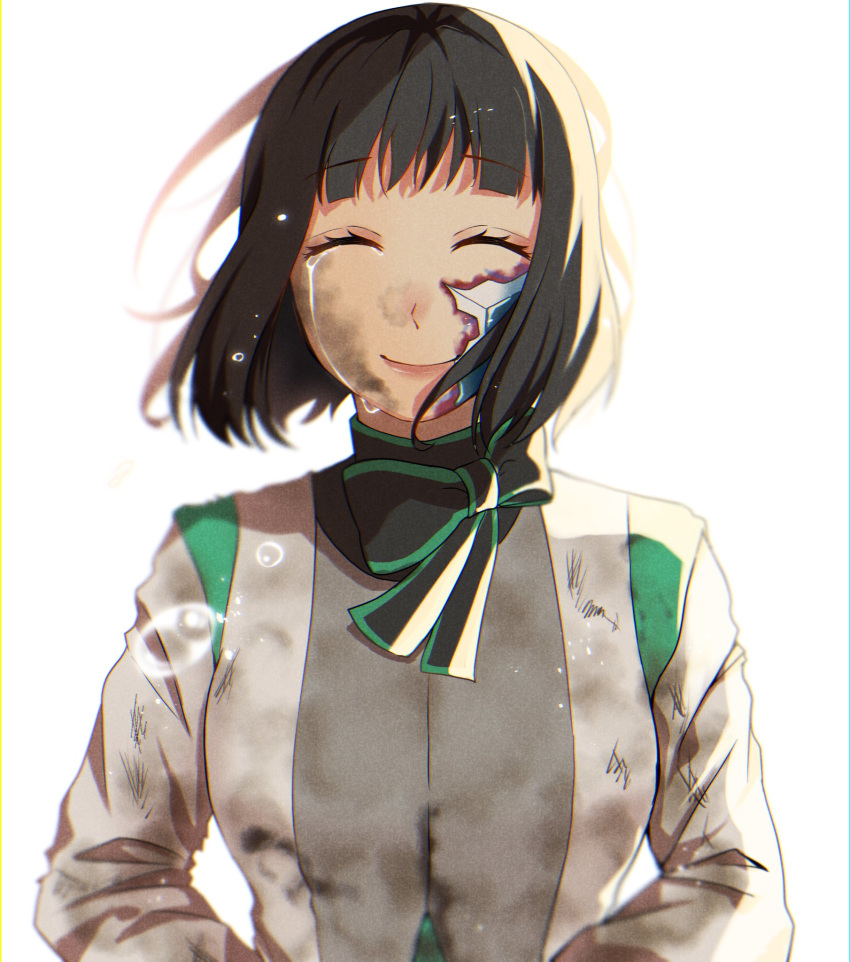 1girl android bob_cut closed_eyes crying damaged dirty dirty_clothes highlights highres is_(kamen_rider_01) kamen_rider kamen_rider_zero-one kikugori_tkst multicolored_hair ribbon short_hair smile spoilers torn_clothes