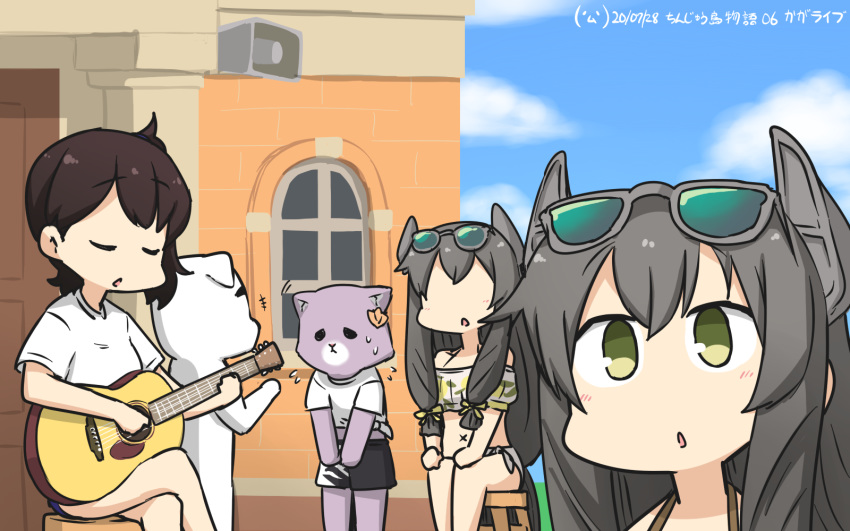 2girls alternate_costume animalization bikini black_hair blue_sky brown_hair building cat closed_eyes clouds commentary_request crossed_legs crossover dated dog doubutsu_no_mori eyewear_on_head feet_out_of_frame frilled_bikini frills green_eyes guitar hamu_koutarou headgear highres i-47_(kantai_collection) instrument kaga_(kantai_collection) kantai_collection long_hair mismatched_bikini multiple_girls shirt shorts side-tie_bikini sitting sky sunglasses swimsuit t-shirt tama_(kantai_collection) totakeke white_shirt