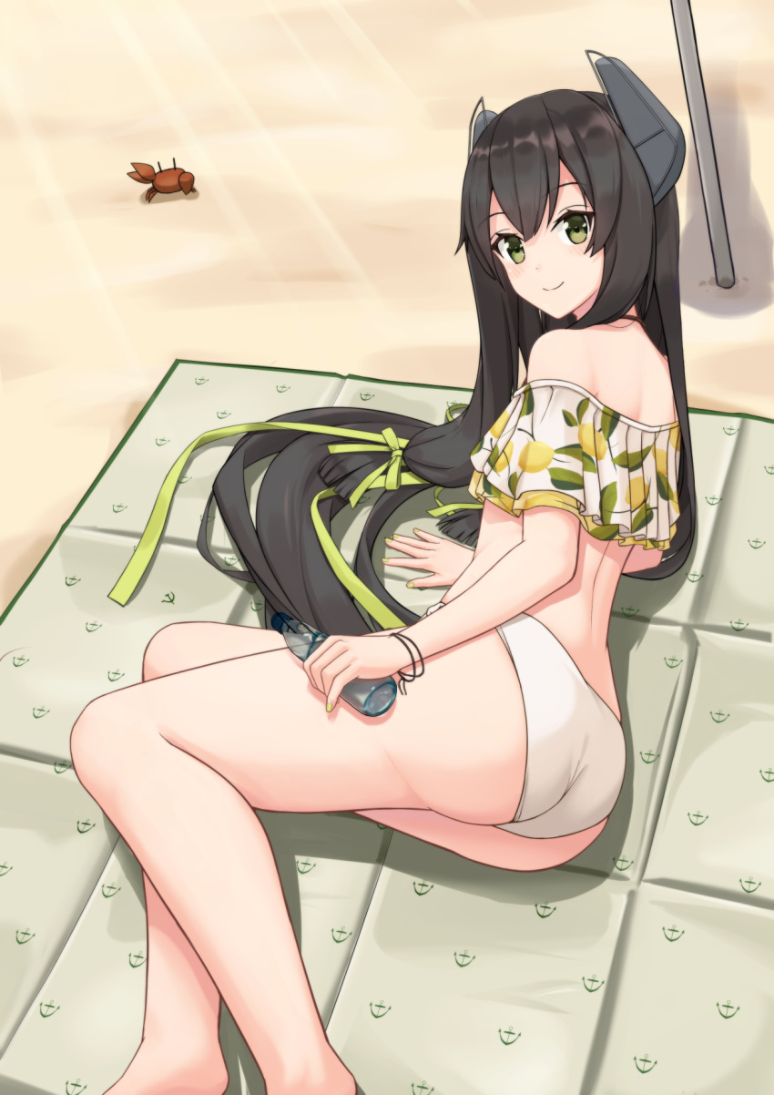 1girl ass bikini black_hair bottle commentary_request crab green_eyes hair_ribbon headgear highres i-47_(kantai_collection) kantai_collection kokenashi lemon_print long_hair looking_at_viewer lying mismatched_bikini off-shoulder_swimsuit off_shoulder on_side pole ramune ribbon sand swimsuit tress_ribbon