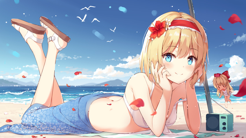 2girls absurdres alice_margatroid arm_support bangs bare_arms bare_shoulders bikini bird blonde_hair blue_eyes blue_sky breasts butt_crack clouds day floral_print flower full_body hair_flower hair_ornament hairband hibiscus highres horizon lying medium_hair mountainous_horizon multiple_girls ocean on_stomach one-piece_swimsuit outdoors petals radio red_flower red_hairband sarong shanghai_doll sky small_breasts smile summer swimsuit the_pose touhou white_bikini white_swimsuit wind yaruwashi