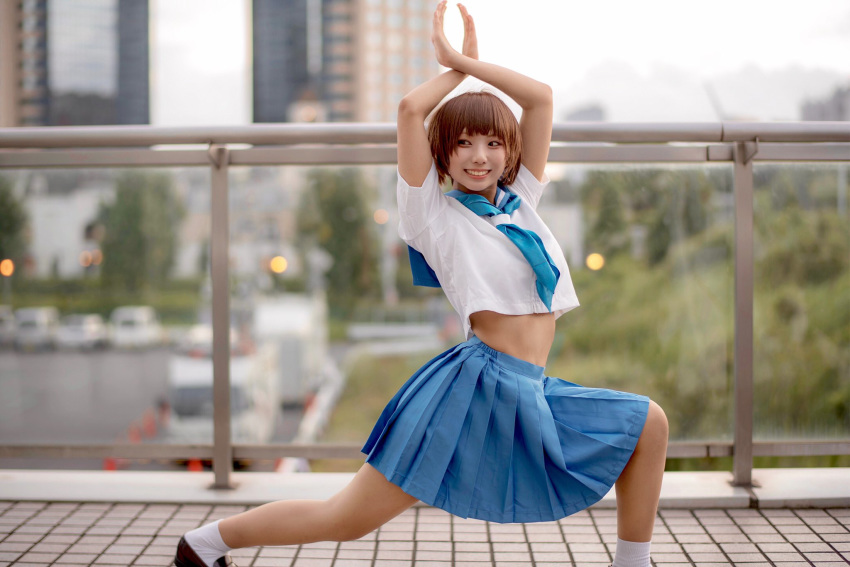 1girl bangs blue_skirt bowl_cut brown_hair cosko_nane cosplay hands_up highres kill_la_kill looking_to_the_side mankanshoku_mako photo school_uniform serafuku short_hair skirt smile solo