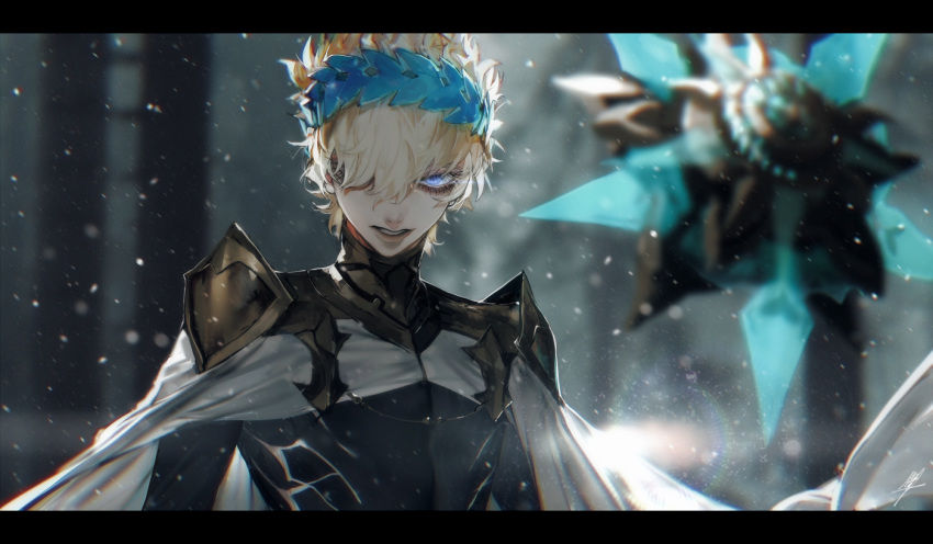 1boy armor au_(d_elite) blonde_hair blue_eyes castor_(fate/grand_order) close-up collar diadem fate/grand_order fate_(series) hair_ornament looking_at_viewer male_focus medium_hair metal_collar one_eye_covered pauldrons shoulder_armor snowing white_robe