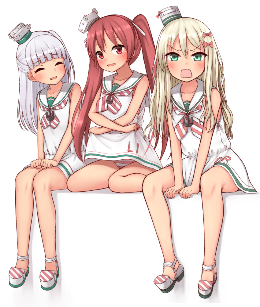 3girls blonde_hair blue_eyes brown_hair closed_eyes dress full_body grecale_(kantai_collection) highres kantai_collection libeccio_(kantai_collection) long_hair low-cut_armhole maestrale_(kantai_collection) multiple_girls open_mouth panties red_eyes ribbon sailor_collar sailor_dress side-tie_dress silver_hair simple_background sitting skirt skirt_lift sleeveless sleeveless_dress striped striped_neckwear striped_panties tiemu_(man190) twintails underwear wavy_hair white_background white_dress white_ribbon white_sailor_collar