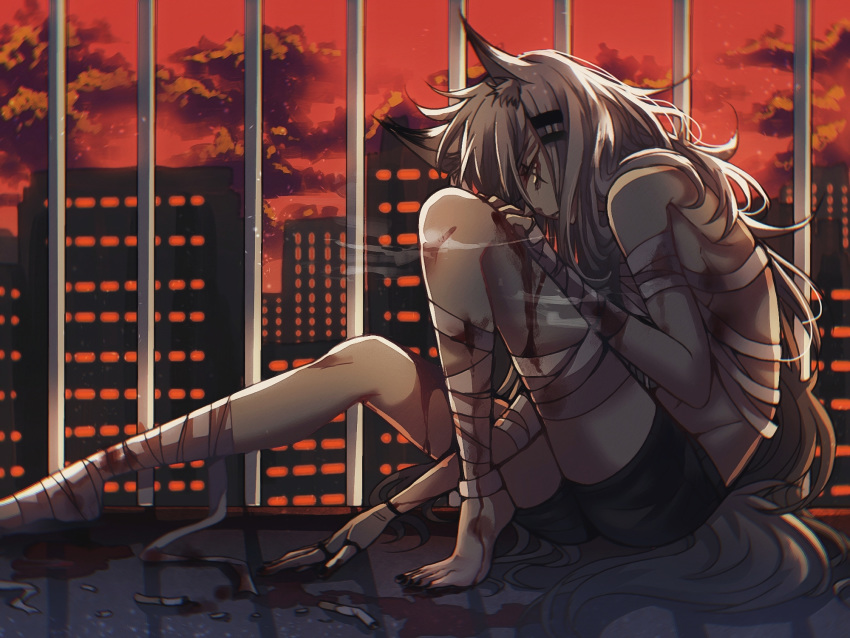 1girl animal_ear_fluff animal_ears arknights arm_between_legs bandages black_nails blood bloody_bandages breasts building cigarette_butt city clouds fingerless_gloves gloves grey_eyes head_tilt highres indoors lappland_(arknights) long_hair looking_at_viewer looking_to_the_side medium_breasts messy_hair navel nga_(artist) originium_(arknights) red_sky short_shorts shorts silver_hair sitting sky skyscraper slit_pupils solo tail topless very_long_hair wolf_ears wolf_girl wolf_tail