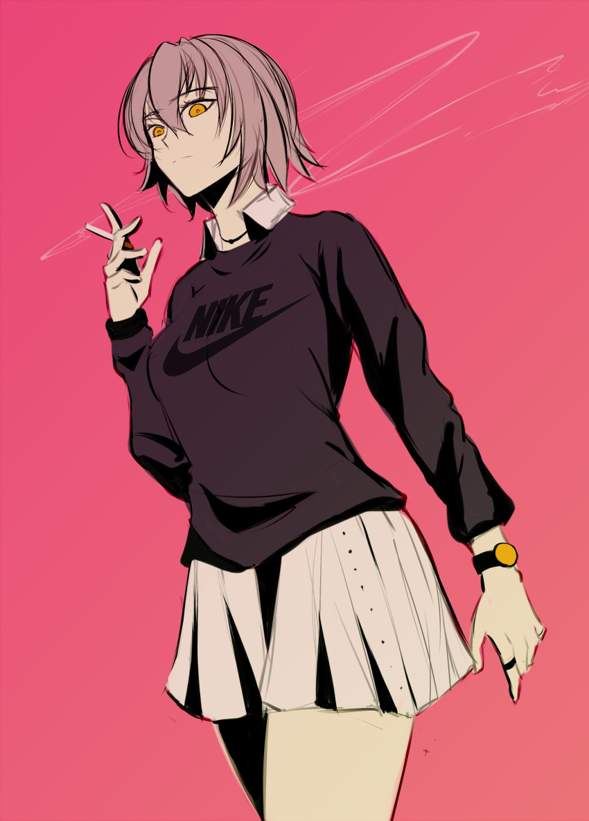 1girl absurdres between_fingers biriyb breasts cigarette english_text expressionless fate/grand_order fate_(series) grey_shirt highres jeanne_d'arc_(alter)_(fate) jeanne_d'arc_(fate)_(all) jewelry medium_breasts nike pink_background product_placement ring scribble shirt skirt smoke smoking watch watch white_skirt