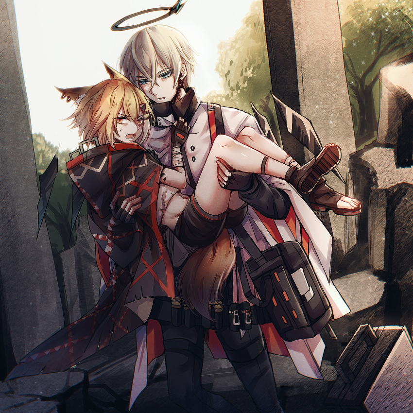 1boy 1girl angel animal_ear_fluff animal_ears arknights bandaged_arm bandages carrying cloak earrings executor_(arknights) fingerless_gloves fox_ears fox_girl fox_tail gloves hair_ornament hairclip halo highres hood hood_down jewelry looking_at_another looking_at_viewer multiple_earrings navel nga_(artist) notched_ear open_mouth open_toe_shoes orange_eyes originium_(arknights) outdoors princess_carry shirt shorts sweat tail tree vermeil_(arknights) white_shirt