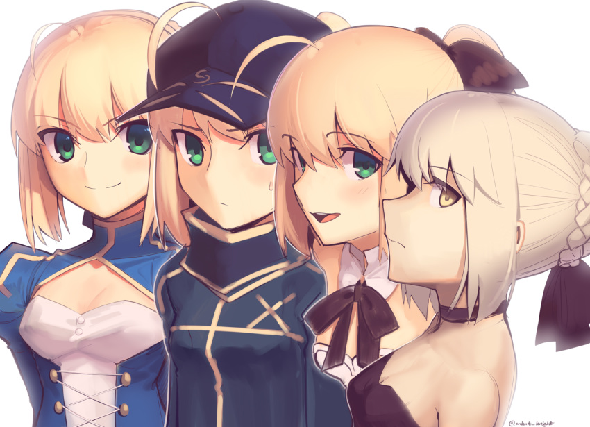 4girls :d ahoge artoria_pendragon_(all) baseball_cap black_neckwear black_ribbon blonde_hair blue_dress boa_(brianoa) braid breasts cleavage_cutout closed_mouth detached_collar dress fate/stay_night fate_(series) green_eyes hat juliet_sleeves long_sleeves looking_at_viewer multiple_girls multiple_persona mysterious_heroine_x neck_ribbon open_mouth puffy_sleeves ribbon saber saber_alter saber_lily signature simple_background small_breasts smile white_background yellow_eyes