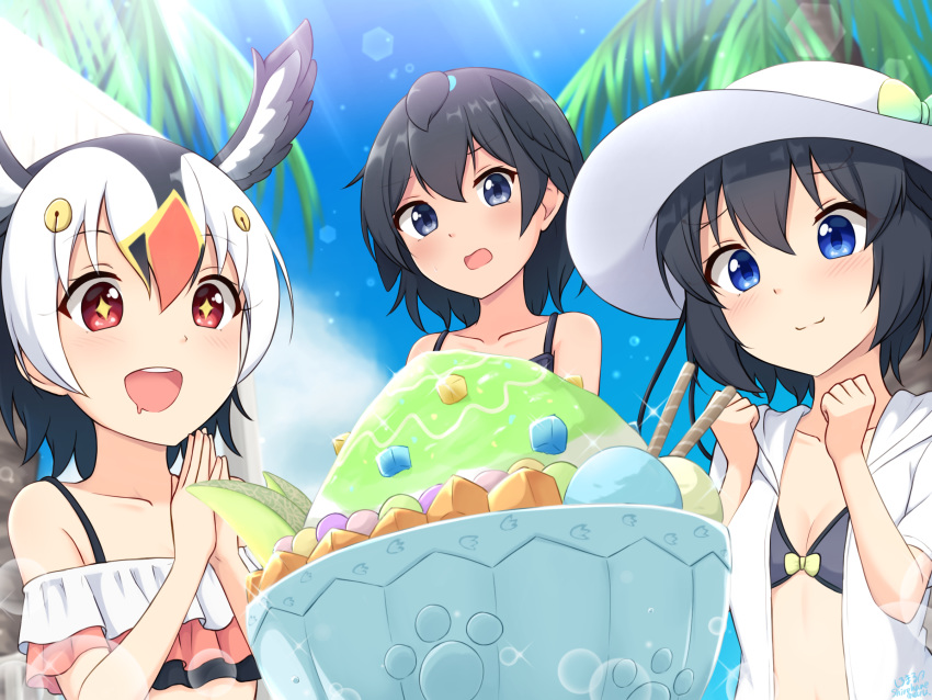+_+ 3girls :d :o atlantic_puffin_(kemono_friends) bangs bare_shoulders bikini black_bikini black_hair blue_eyes bowl clenched_hands collarbone commentary_request day food greater_lophorina_(kemono_friends) hair_between_eyes hands_together hands_up hat head_wings highres ice_cream_scoop kemono_friends melon_slice multicolored_hair multiple_girls open_mouth outdoors palm_tree parfait red_eyes shiraha_maru shirt short_hair smile sun_hat sunlight swimsuit tree western_parotia_(kemono_friends) white_hair white_shirt