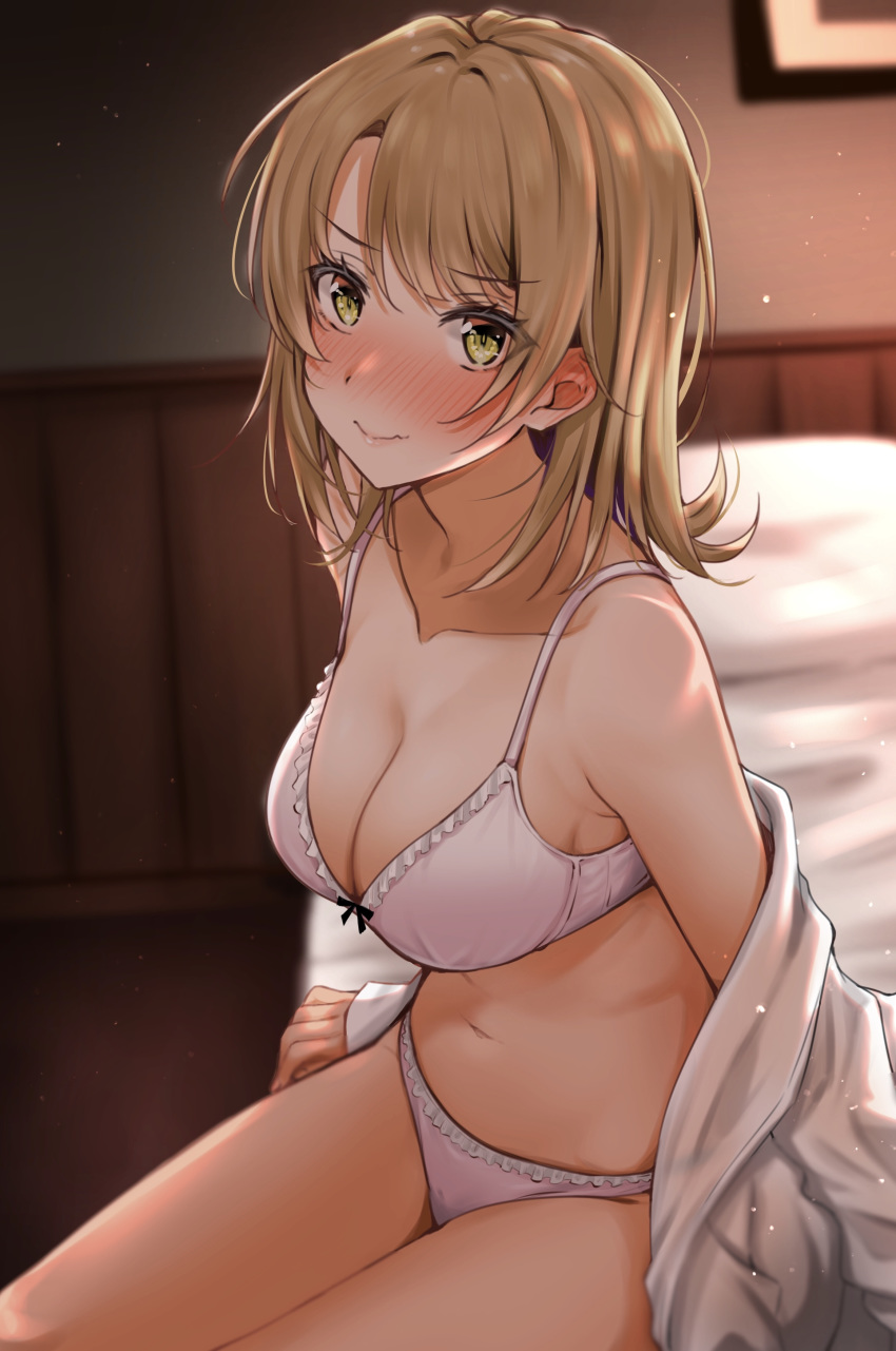 1girl absurdres bangs blush bra breasts brown_hair collarbone commentary_request eyebrows_visible_through_hair frilled_bra frilled_panties frills highres indoors isshiki_iroha kmonon19 large_breasts looking_at_viewer navel nose_blush on_bed open_clothes panties short_hair solo underwear undressing yahari_ore_no_seishun_lovecome_wa_machigatteiru. yellow_eyes