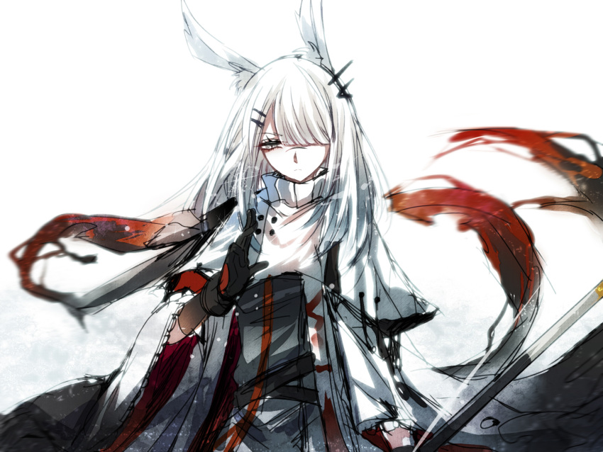 1girl animal_ears arknights blizzard bunny_girl cloak facial_scar frostnova_(arknights) frown gloves grey_eyes hair_ornament hair_over_one_eye hairclip highres holding long_sleeves looking_at_hand nga_(artist) rabbit_ears scar slit_pupils solo upper_body white_background white_hair wind