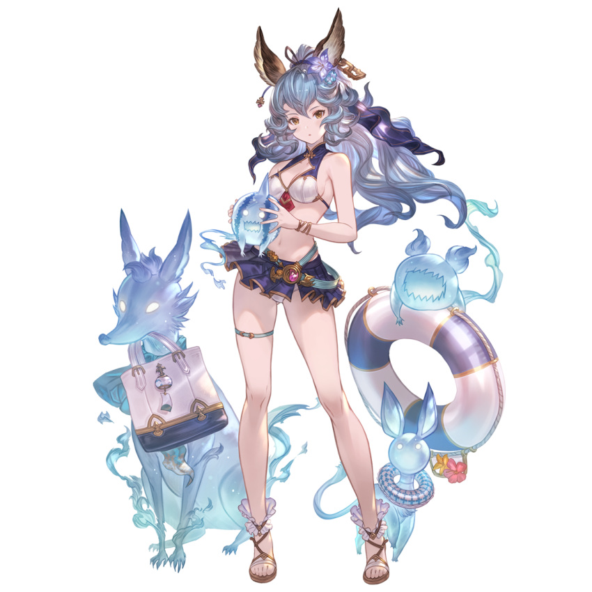 1girl alpha_transparency animal_ears bangs bikini_skirt blue_flower blue_hair blue_ribbon blue_skirt brown_eyes erune ferry_(granblue_fantasy) flower full_body ghost granblue_fantasy hair_between_eyes hair_flower hair_ornament hair_ribbon innertube jewelry long_hair looking_at_viewer minaba_hideo official_art ponytail purple_flower rabbit_ears ribbon sandals single_earring skirt solo standing swimsuit thigh_strap transparent_background wavy_hair