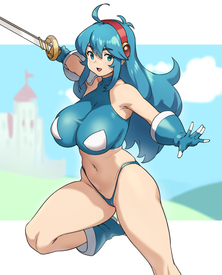 1girl ahoge bare_shoulders blue_eyes blue_hair boots borrowed_character breasts collarbone eyebrows_visible_through_hair foot_out_of_frame g-string gloves hair_between_eyes hairband highres holding holding_sword holding_weapon houtengeki large_breasts long_hair looking_at_viewer navel open_mouth original sleeveless solo stomach sword tecna thong weapon