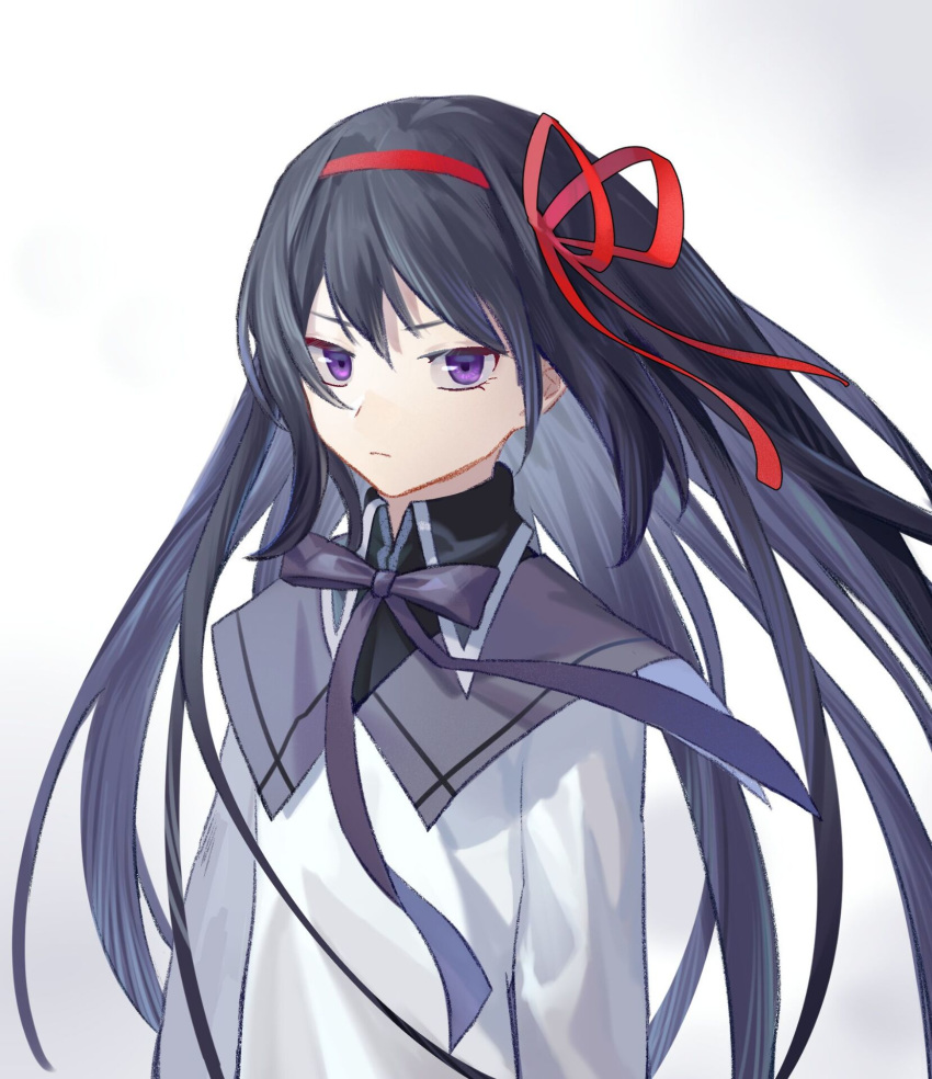 1girl akemi_homura black_hair closed_mouth highres long_hair long_sleeves looking_at_viewer losercat magical_girl mahou_shoujo_madoka_magica red_ribbon ribbon simple_background solo violet_eyes white_background