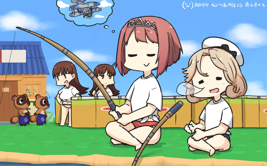 4girls ark_royal_(kantai_collection) bangs bikini bikini_bottom bikini_under_clothes blonde_hair blue_sky blunt_bangs bob_cut brown_eyes brown_hair closed_eyes clouds commentary_request crossover dated day doubutsu_no_mori dreaming dual_persona fence fishing_line fishing_rod hairband hamu_koutarou hands_on_hips hat highres holding holding_fishing_rod house indian_style janus_(kantai_collection) kantai_collection long_hair mamekichi_(doubutsu_no_mori) multiple_girls nose_bubble ooi_(kantai_collection) outdoors parted_bangs redhead sailor_hat shirt short_hair sitting sky sleeping swimsuit swimsuit_under_clothes swordfish_(airplane) tanuki thought_bubble tiara tied_shirt tsubukichi_(doubutsu_no_mori) white_headwear white_shirt x_navel