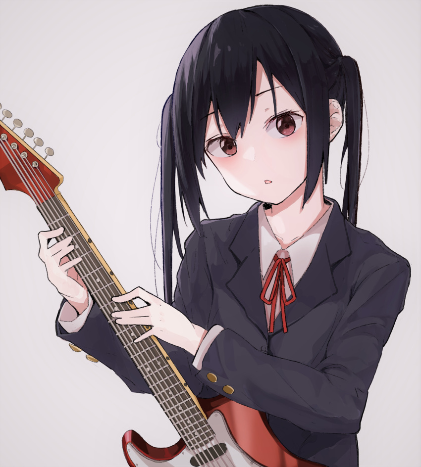 1girl :o bangs black_hair blazer blush electric_guitar grey_background guitar highres holding holding_instrument instrument jacket k-on! long_hair long_sleeves looking_at_viewer nakano_azusa neck_ribbon parted_lips red_eyes red_neckwear red_ribbon ribbon sakuragaoka_high_school_uniform school_uniform sidelocks simple_background solo twintails upper_body viewran