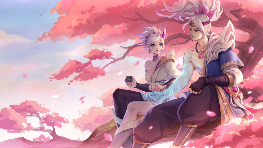 1boy 1girl armor asymmetrical_clothes bare_shoulders blue_eyes breasts cherry_blossoms choker earrings highres in_tree jewelry kezi league_of_legends medium_breasts necklace riven_(league_of_legends) short_hair shoulder_armor sitting sitting_in_tree spirit_blossom_riven spirit_blossom_yasuo tree white_hair yasuo_(league_of_legends)