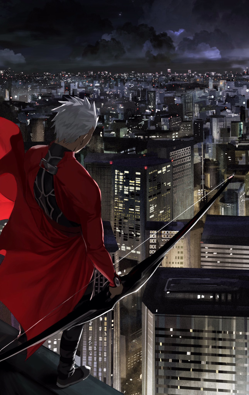 1boy archer armor bow_(weapon) city city_lights cityscape coat dark_skin dark_skinned_male fate/stay_night fate_(series) from_behind full_body genkiniikitaisu highres long_sleeves male_focus pants red_coat scenery solo weapon white_hair wind wind_lift