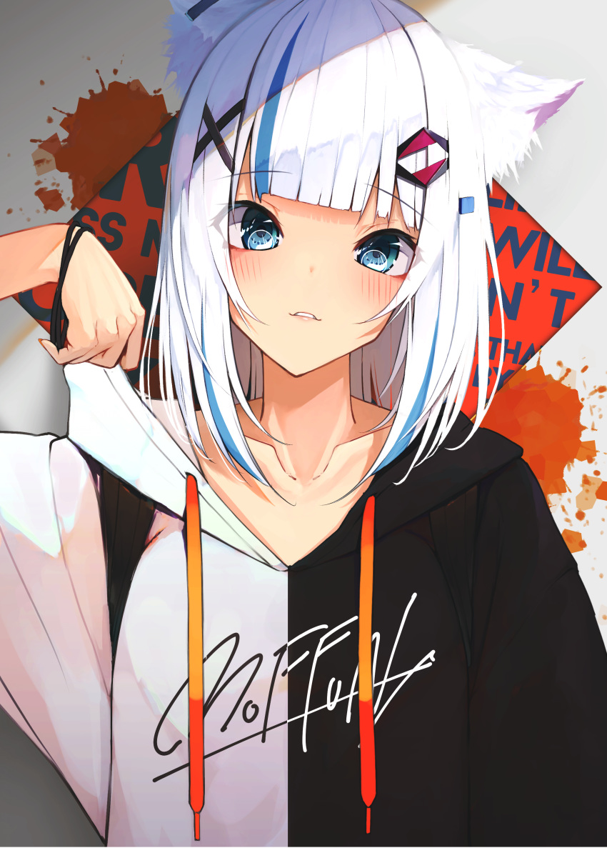 1girl absurdres animal_ear_fluff animal_ears background_text bangs black_hoodie blue_eyes blue_hair blunt_bangs blush clothes_writing collarbone commentary_request drawstring eyebrows_visible_through_hair grey_background hair_ornament hairclip hand_up highres hood hood_down hoodie looking_at_viewer mayogii multicolored_hair original parted_lips silver_hair solo streaked_hair upper_body white_hoodie x_hair_ornament