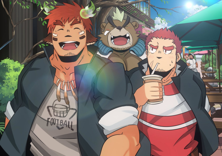 3boys animal_ears ashigara_(tokyo_houkago_summoners) blush brown_hair chest closed_eyes facial_hair forked_eyebrows furry glowing_horns green_hair gunzo_(tokyo_houkago_summoners) happy highres horns looking_at_another male_focus multiple_boys muscle native_american oro9 scar sipping smile thick_eyebrows tokyo_houkago_summoners upper_body wakan_tanka