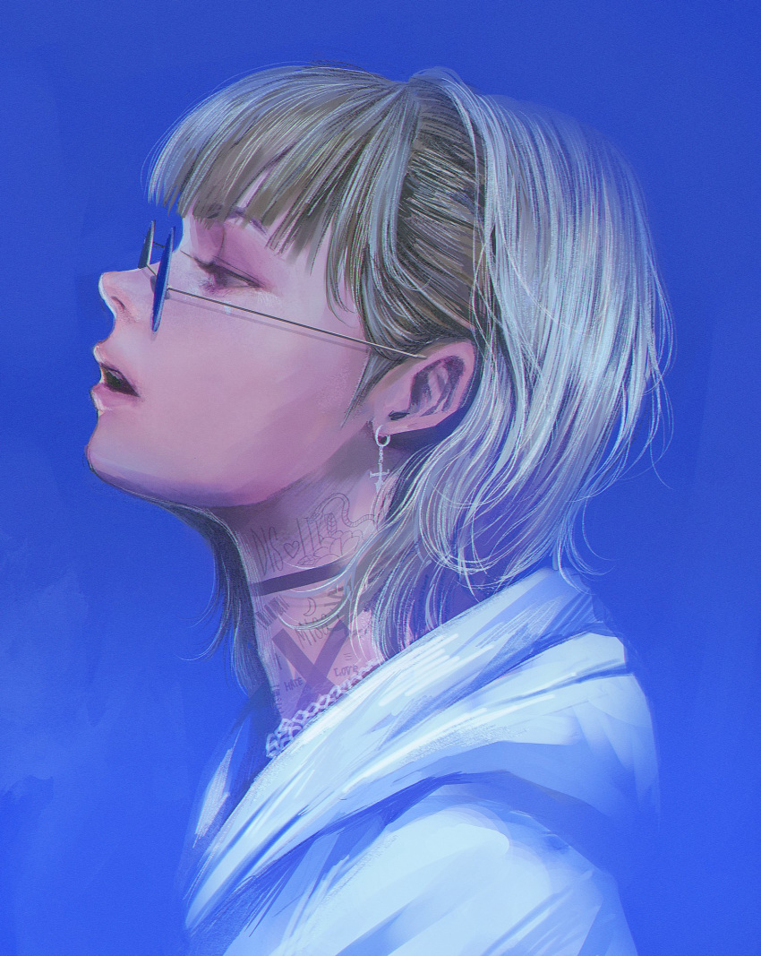 blue-tinted_eyewear blue_background cross cross_earrings earrings from_side grey_hair highres hood hood_down hoodie jewelry neck_tattoo original parted_lips profile sunglasses tattoo upper_body wataboku