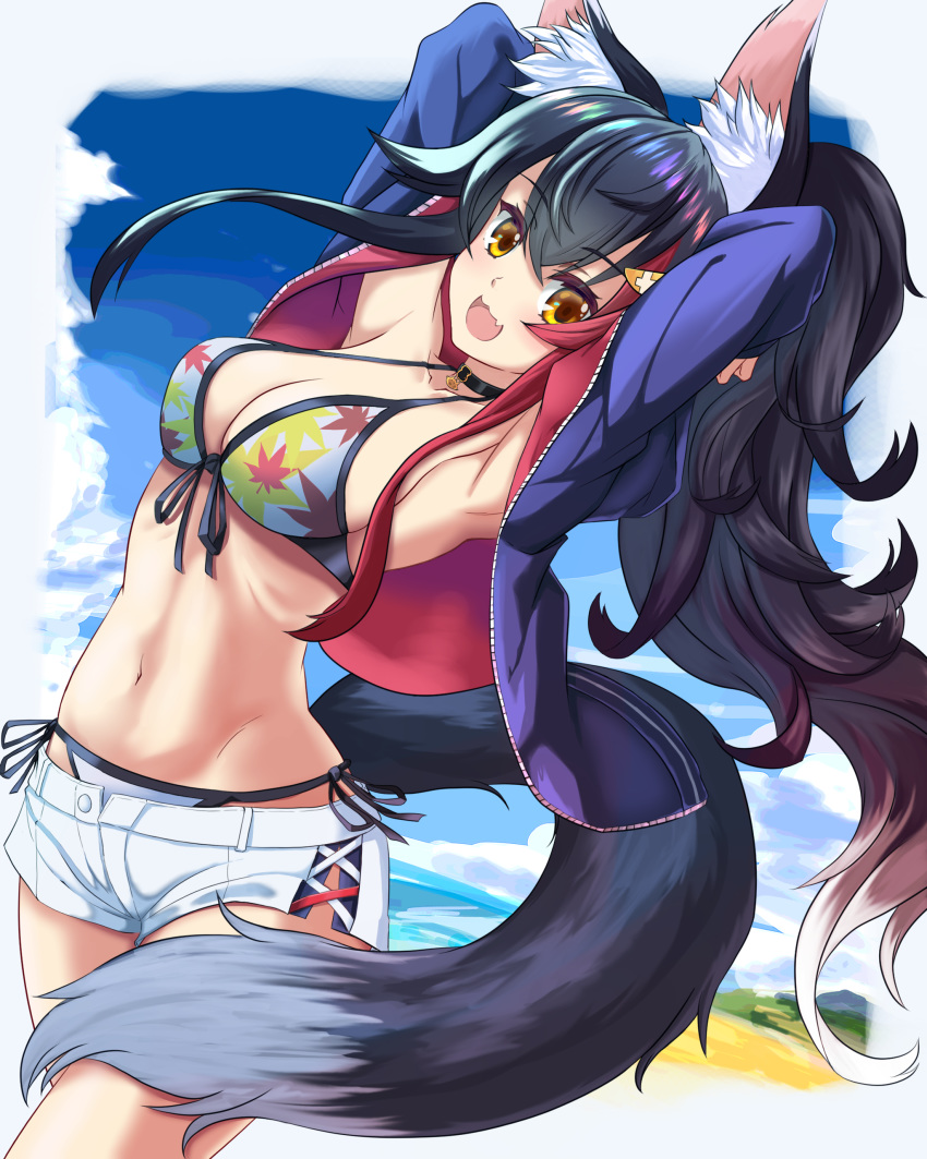 1girl :d absurdres animal_ear_fluff animal_ears bikini black_hair breasts fang highlights highres hololive hood hood_down hoodie large_breasts long_hair long_sleeves looking_at_viewer multicolored_hair ookami_mio open_clothes open_hoodie open_mouth ponytail redhead risian short_shorts shorts skin_fang smile swimsuit tail unzipped very_long_hair virtual_youtuber white_hair wolf_ears wolf_girl wolf_tail yellow_eyes zipper