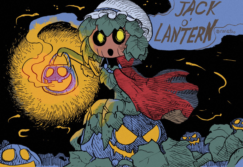 1girl :o black_background cape collared_cape colorized commentary english_commentary from_side green_hair hat ink_(medium) inktober jack-o'-lantern lantern leaf looking_at_viewer looking_to_the_side mixed_media monster_girl open_mouth original plant_girl pumpkin rariatto_(ganguri) red_cape sitting smoke solo traditional_media twitter_username