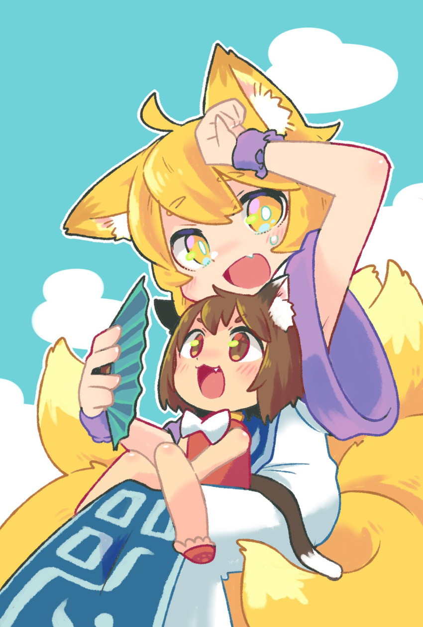 2girls :3 ahoge animal_ear_fluff animal_ears arm_up armpit_peek bangs blonde_hair blue_sky blush bow bowtie brown_hair cat_ears cat_tail chen chibi clouds commentary_request dress fan fang folding_fan fox_ears fox_tail full_body hand_on_own_head hand_up highres holding holding_fan knees_together_feet_apart multiple_girls multiple_tails no_hat no_headwear paw_pose pmx red_vest shirt short_hair short_sleeves sidelocks sitting sitting_on_lap sitting_on_person sky tabard tail touhou vest white_bow white_dress white_shirt wide_sleeves wrist_cuffs yakumo_ran yellow_eyes