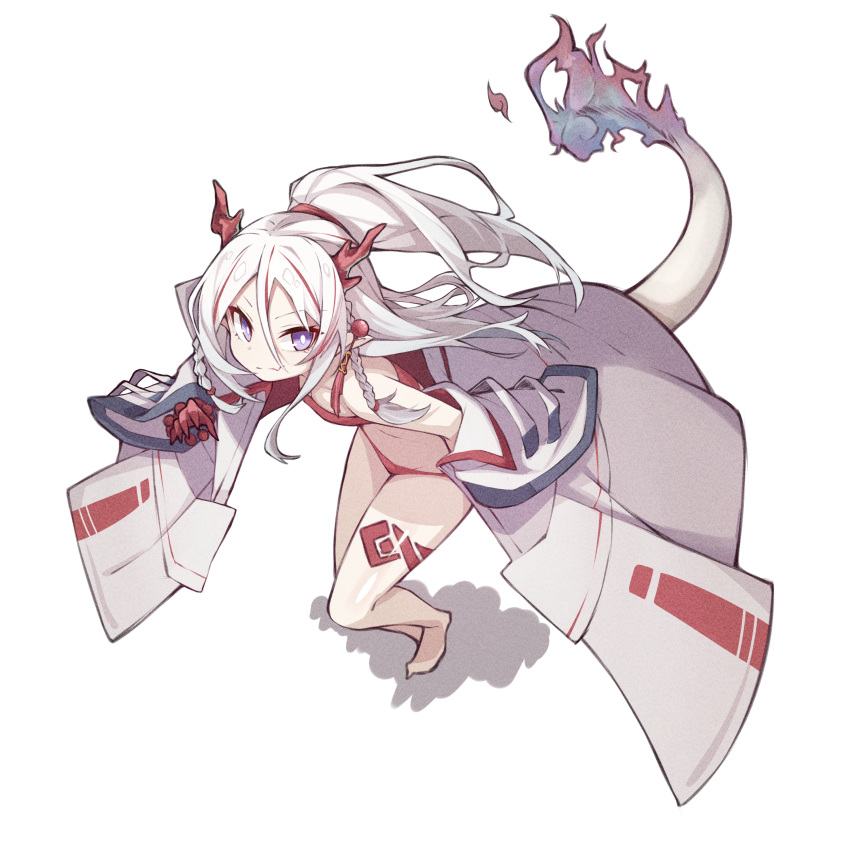 1girl absurdres arknights barefoot braid closed_mouth dragon_girl dragon_horns dragon_tail fang full_body highres horns long_hair looking_at_viewer mmhomm nian_(arknights) ponytail red_horns simple_background skin_fang smile solo standing tail tattoo thigh_tattoo twin_braids violet_eyes white_background white_hair