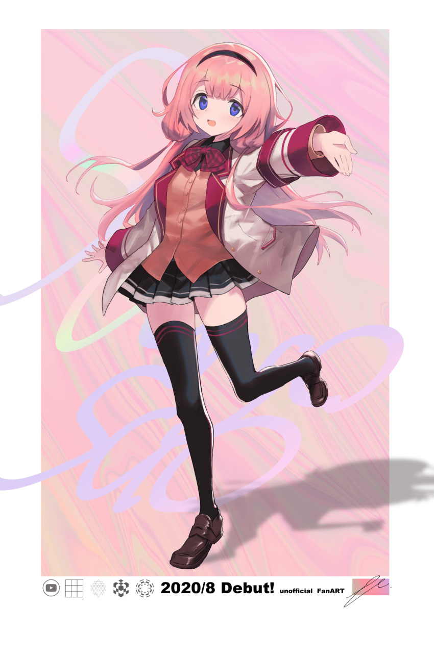 1girl bangs black_legwear black_skirt bow bowtie brown_cardigan brown_footwear cardigan full_body hair_between_eyes hairband hayama_eishi highres jacket loafers long_hair looking_at_viewer low_twintails miniskirt nijisanji open_clothes open_jacket open_mouth pink_hair red_neckwear shoes skirt sleeves_past_wrists smile solo standing standing_on_one_leg suou_sango thigh-highs twintails very_long_hair violet_eyes virtual_youtuber white_jacket zettai_ryouiki
