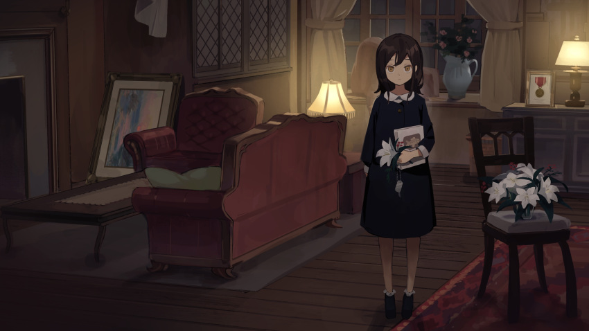 1girl armchair beige_eyes black_dress black_hair book chair dress flower full_body furniture highres holding holding_book holding_flower lamp lampshade looking_at_viewer medium_hair original painting_(object) pillow shio_(s_alt_shio) solo standing vase white_flower window wooden_floor