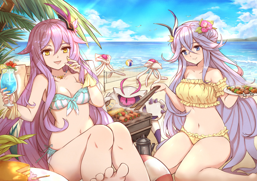 2girls bangs bare_shoulders beach beach_volleyball benares_(honkai_impact) bikini bird blue_eyes blue_sky breasts cake clouds crossed_bangs cup day feathers flower food frilled_bikini frills front-tie_bikini front-tie_top grill grilling hair_between_eyes hair_feathers hair_flower hair_ornament highres holding holding_cup honkai_(series) honkai_impact_3rd horizon innertube jewelry kebab light_rays long_hair looking_at_viewer meat medium_breasts monster multiple_girls navel necklace open_mouth outdoors palm_tree purple_hair sand seagull side-tie_bikini silver_hair sirin sitting skewer sky smile swimsuit tree very_long_hair volleyball volleyball_net yellow_bikini yellow_eyes yellow_nails yougen_kitsune