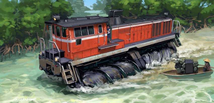 1boy boat chinese_hat floating ground_vehicle highres hozumi_(ouchan) mecha original science_fiction train tree vehicle_focus water watercraft