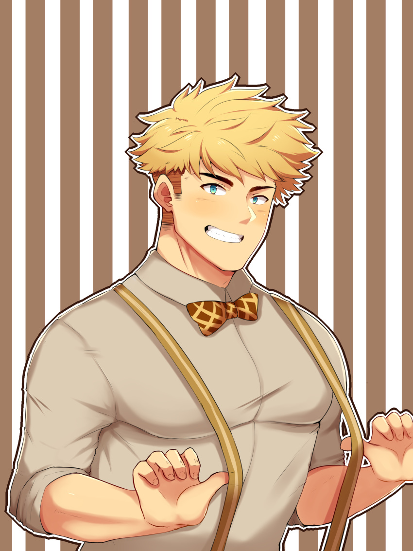 1boy absurdres bangs blonde_hair blush bow bowtie chest clayten formal granblue_fantasy green_eyes highres looking_at_viewer male_focus muscle no_eyewear shirt simple_background smile solo toned toned_male vane_(granblue_fantasy)