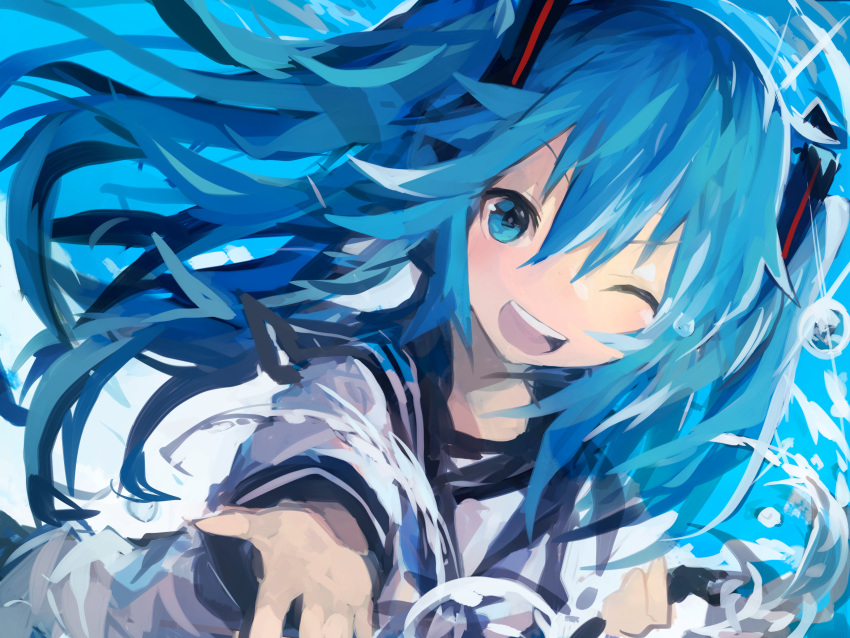1girl absurdres bangs blue_eyes blue_hair hair_between_eyes hair_ornament hatsune_miku highres kaamin_(mariarose753) long_hair long_sleeves one_eye_closed open_mouth outstretched_hand sailor_collar school_uniform serafuku solo twintails vocaloid water water_drop