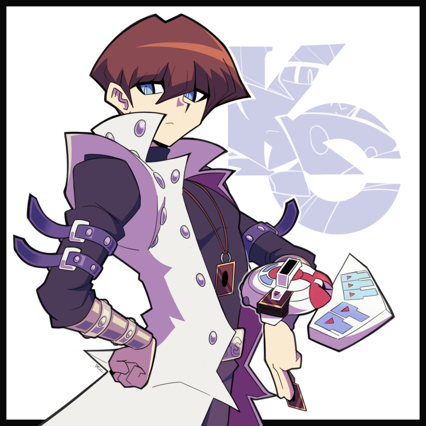 1boy arm_belt artsy-rc black_border blue_eyes border bright_pupils brown_hair card closed_mouth commentary deck duel_disk english_commentary hand_on_hip highres holding holding_card juliet_sleeves kaiba_seto long_sleeves looking_at_viewer puffy_sleeves signature solo yuu-gi-ou