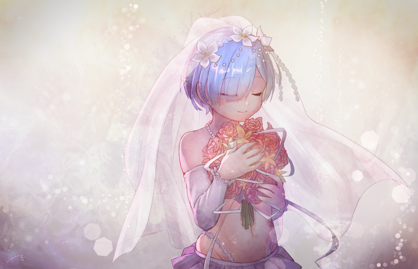 1girl bangs bare_shoulders blue_hair closed_eyes closed_mouth commentary_request detached_sleeves eyelashes flower hair_flower hair_ornament hair_over_one_eye highres holding holding_flower jewelry navel necklace re:zero_kara_hajimeru_isekai_seikatsu rem_(re:zero) shiny shiny_hair short_hair smile solo uji_matcha veil white_flower white_veil